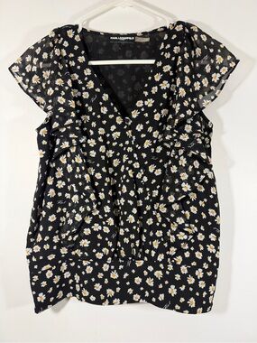 Karl Lagerfeld Paris Black Daisy-Print V-Neck Ruffle Women's Top